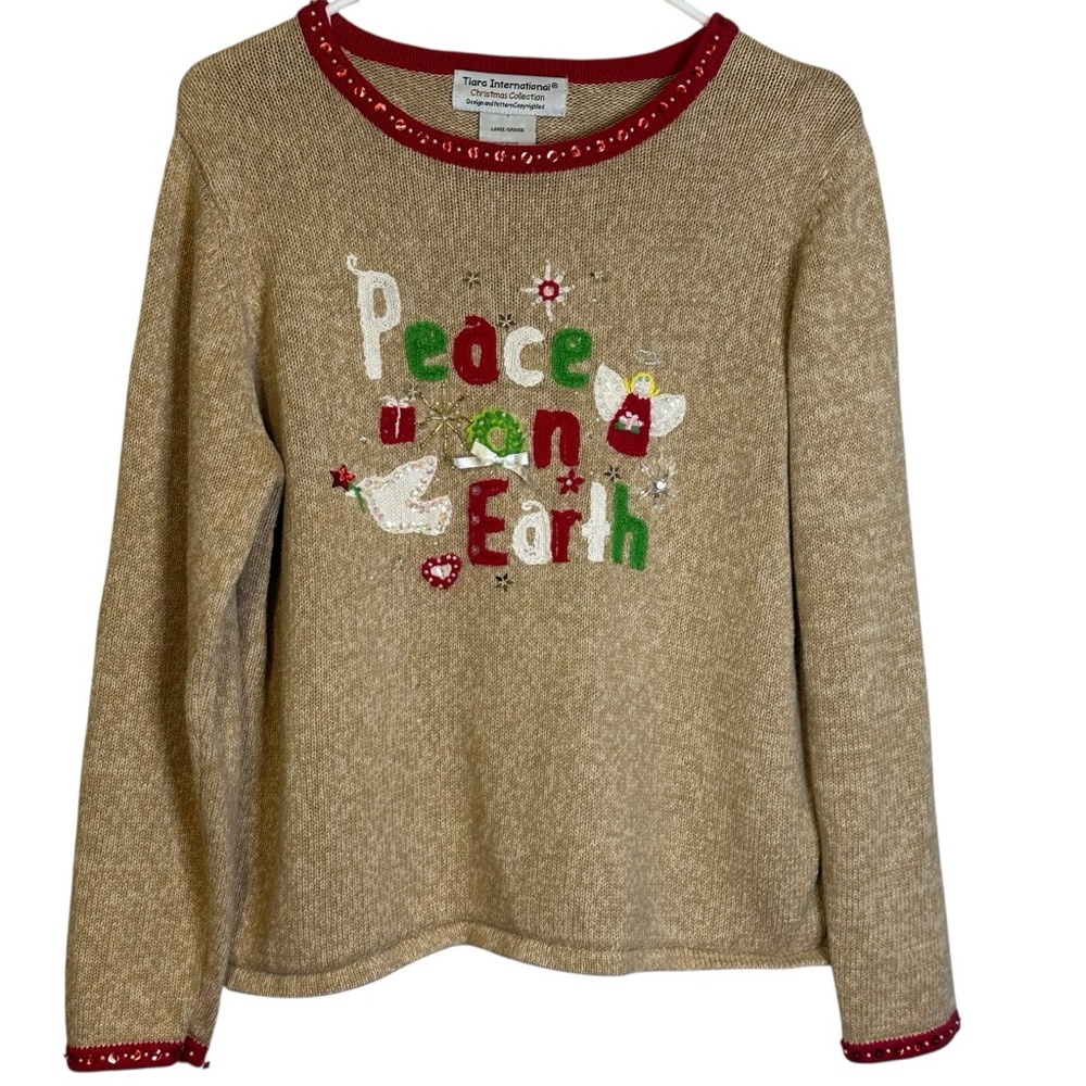 Tiara International Peace on Earth Christmas Sweater Kitsch Whimsical Eclectic L